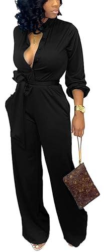 SxClub Black Jumpsuits for Women Dressy Sexy Elegant Long Sleeve Long Straight Pants Rompers Busineess with Pockets Button(Large)