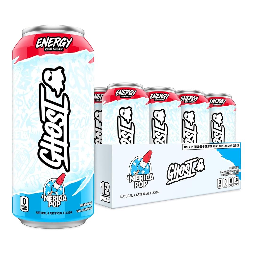 GHOST Energy Drink - 12-Pack, 'Merica Pop, 16oz Cans - Energy & Focus & No Artificial Colors - 200mg of Natural Caffeine, L-Carnitine & Taurine - Gluten-Free & Vegan (EXP 11/30/26)