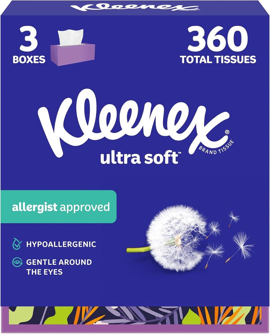 Kleenex Ultra Soft Facial Tissues, 3 Flat Boxes, 120 Tissues per Box, 3-Ply (360 Total), Packaging May Differ (White)