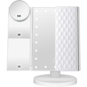 Makeup Mirror Vanity Mirror with Lights 1X 2X 3X 10X Magnification, Lighted Makeup Mirror, Touch Control, Tri-Fold Portable LED Makeup Vanity, Two Power Supply Modes, White