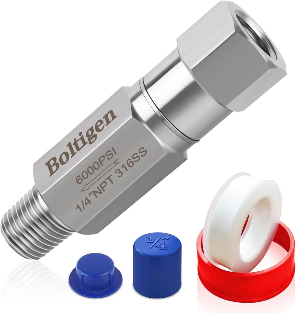 Boltigen 1/4 NPT In-line Ball Check Valve, Stainless Steel 316 One Way No Return Check Valve, High Pressure 6000PSI Spring Check Valve for Well, Pump, Tank, Backflow Prevention, Horizontal, Vertical