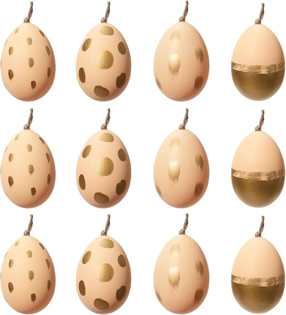 DN DECONATION 12-Piece Easter Egg Hanging Ornaments Set, Light Beige Plastic Eggs with Gold Brushstroke & Polka Dot Decor, Minimalist Spring Home Decor for Tree Wall Table, Elegant Gift Set (Skin Color & Gold)