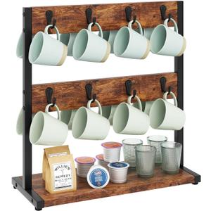 IBUYKE Wood Coffee Mug Holder for Countertop,16 Hook Mug Tree Holder Rack with Storage Base,Mug Display Organizer,Mug Holders for Home Kitchen, Rustic Brown UTBJ001H