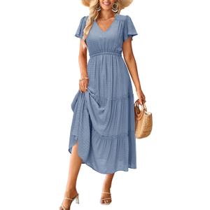 VOTEPRETTY Women's 2026 Summer Boho Maxi Dresses Flutter Short Sleeve V Neck Casual Beach Wedding Guest Vacation Long Dress (Large, Blue Purple)