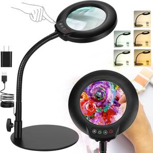 Drdefi 10X Magnifying Glass with Light and Stand, 5 Color Modes Stepless Dimmable Flexible Gooseneck Magnifying Desk Lamp, LED Lighted Magnifier Hands Free for Close Work Craft Reading Painting Hobby (Black)