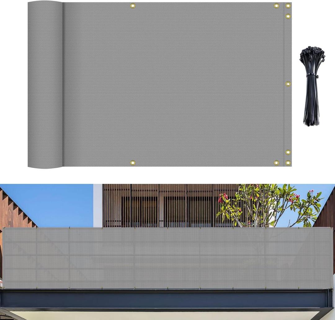 Bynbbur 2.5' x 50' Grey Balcony Privacy Screen Apartment Deck Railing, Mesh Fencing Cover Lattice Panels for Outside, UV Block Shade Cloth with Grommets for Patio Backyard Porch