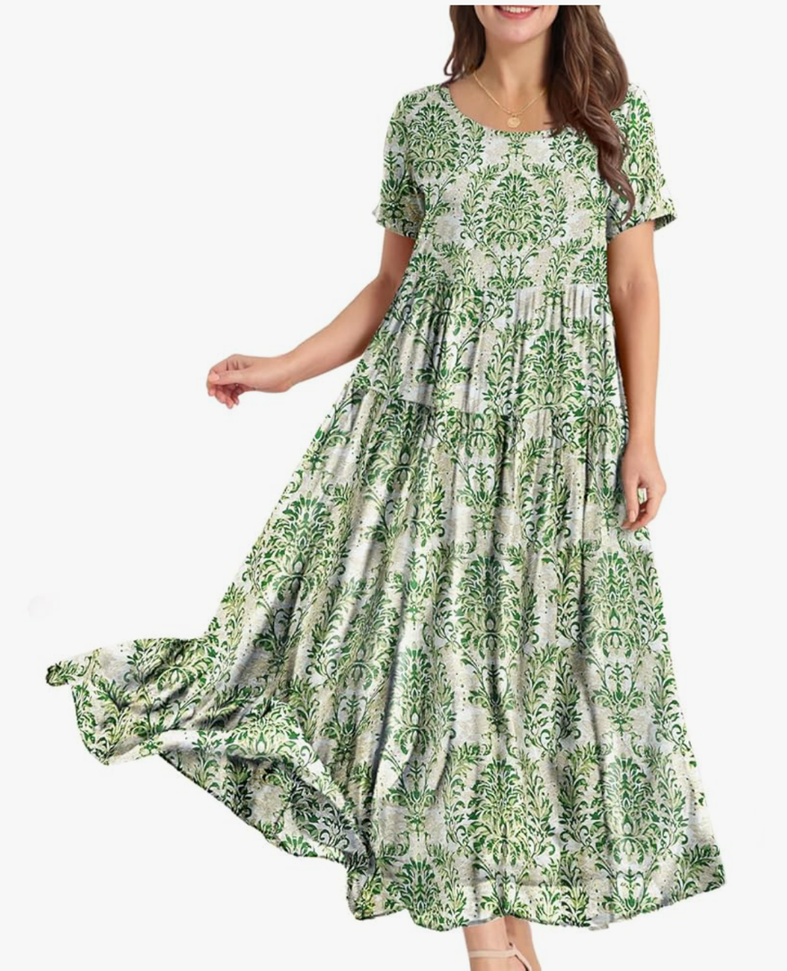 YESNO Women Casual Loose Bohemian Floral Dress with Pockets Short Sleeve Long Maxi Summer Beach Swing Dress EJF Large