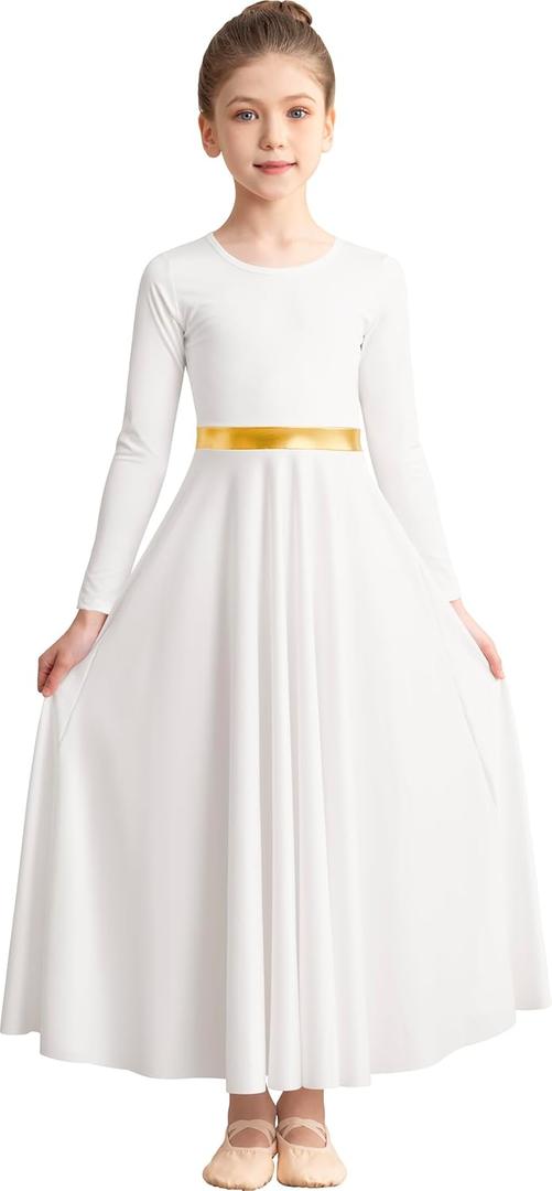Girls Praise Dance Dress Long Sleeve Liturgical Metallic Church Robe (10-12 Years)