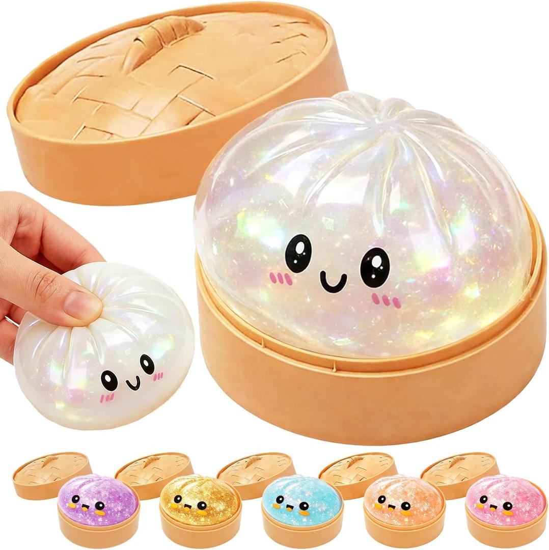 Glitter Dumpling Squeeze Toy, Soft Slow Rising Squeeze Stress Relief Toy, Sensory Fidget Toy for Anxiety Relief, Portable Glitter Filled Squishy for Kids Adults Classroom Rewards Party Favors(White)