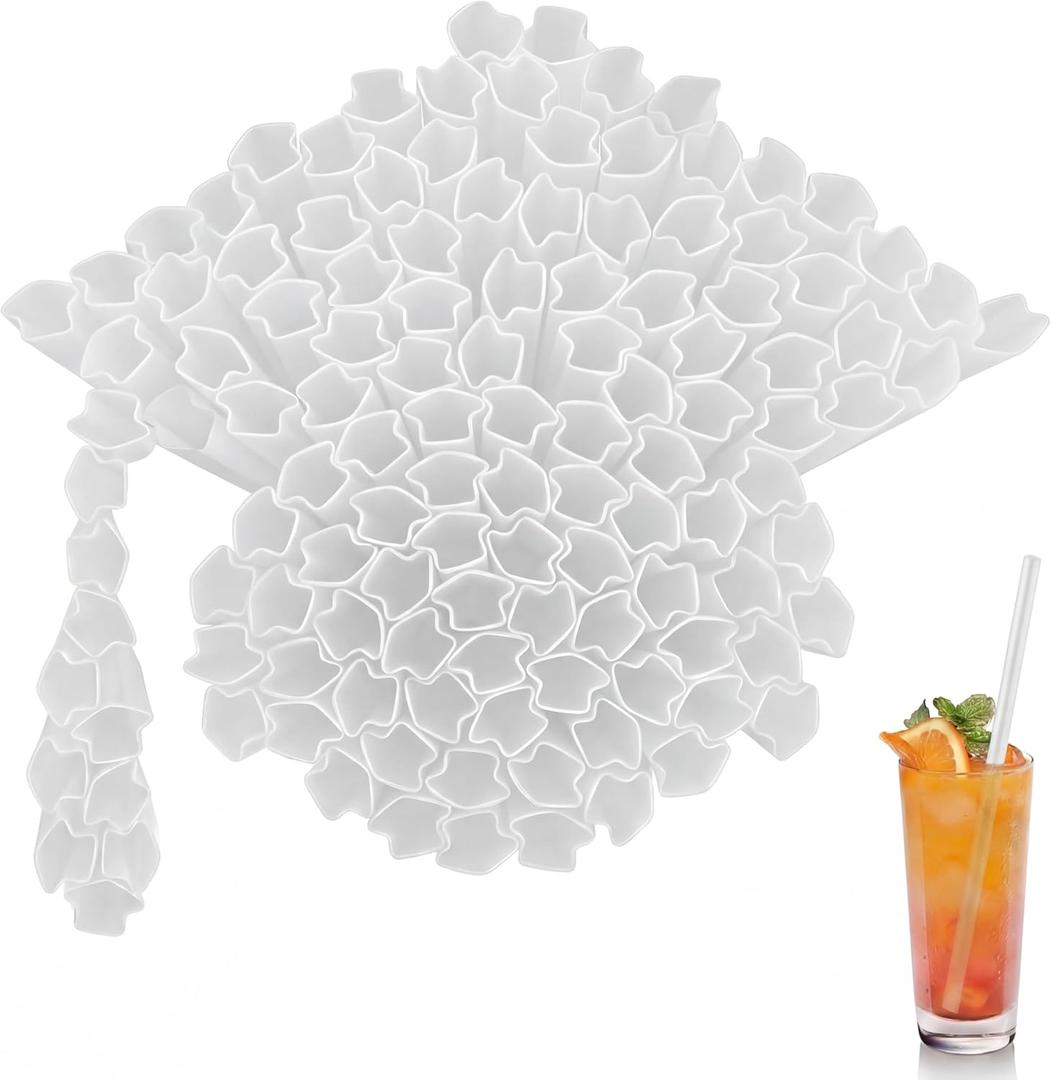 50 Pcs Graduation Cap Shaped Straws Disposable Plastic Drinking Straw Grad Caps Straw for Graduation Beverage Cocktail 2026 Congrats Grad Party Supplies (White)