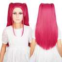 LABEAUT Long Pink Braids Cosplay Wig with Yellow Bow Hairpin for Girls Anime Braided Hair for Csm Halloween Party Hair + Cap (Long Rose Red Cosplay Wig)