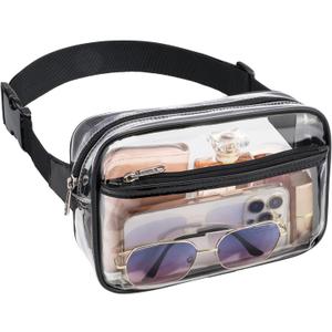 Veckle Clear Belt Bag - Clear Fanny Pack Stadium Approved for Women Large Transparent Waist Bag for Sports Events, Concerts, Festivals, Black