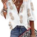 ZXZY Women Pineapple Printed Lapel Collar Half Sleeves Buttons Down Blouse Shirt (Small, White)