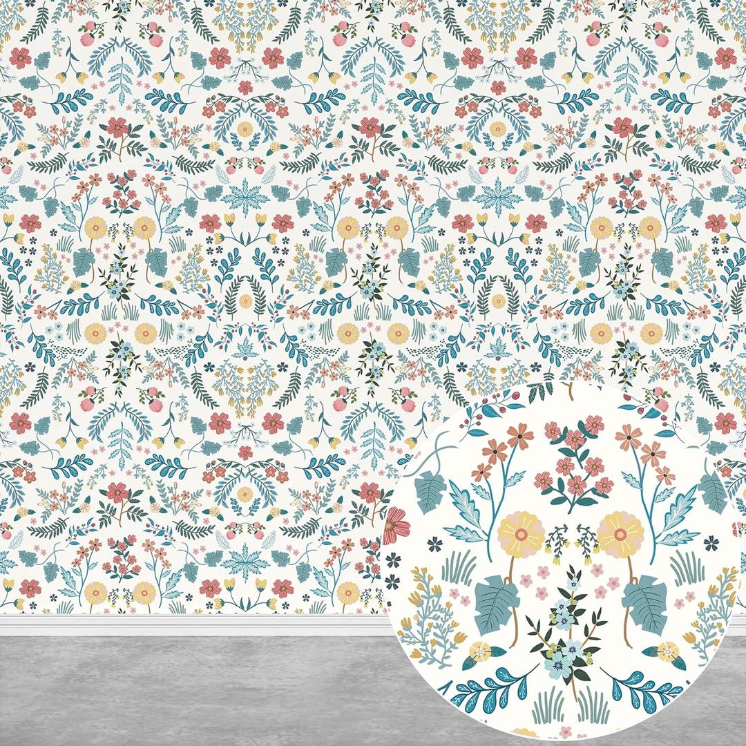 JiffDiff Wildflowers Floral Peel and Stick Wallpaper, Flower and Leaf Contact Paper Boho Removable Waterproof Self Adhesive Wall Paper for Bedroom Bathroom, 17.3" x 475"(56 sq. ft) (Beige, Coral)