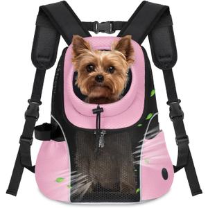 WOYYHO Pet Dog Carrier Backpack Small Dog Front Backpack Ventilated Mesh Dog Travel Back Pack with Safety Belt for Travel Hiking Cycling Outdoor Adventures (Size M: 5-9 lbs, Pink)