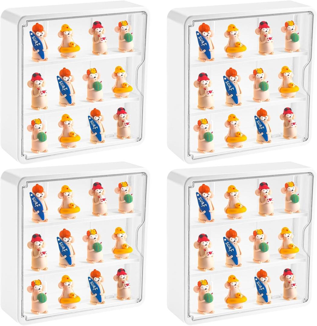 Honeydak 4 Pcs Clear Display Case for Figures Wall-Mounted Doll Storage Box 3Tiers Dust Proof Figure Display Case with Magnetic Door for Collectibles Action Mini Figures Toys 11.81 x 11.81 x 3.15 inch