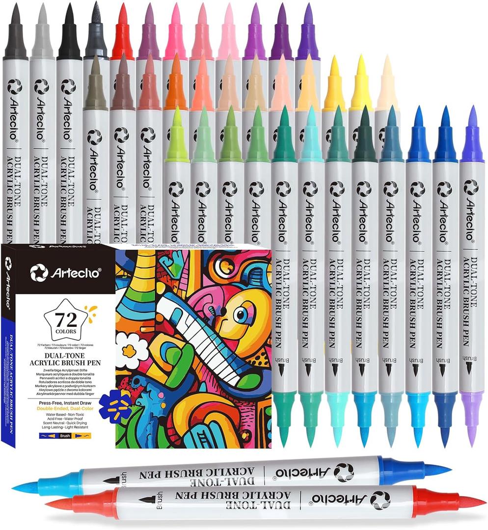 Artecho Acrylic Paint Markers 36 Pcs 72 Colors, Acrylic Paint Pens with with 0.5-5mm Brush Tip for Stone, Rock Painting, Paper, Pumpkin, Wood, Egg, Canvas, Ceramic, Fabric, leather, Glass, DIY Crafts