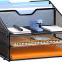 GAWERK Letter Tray Organizer, Mesh Desk File Organizer with 3 Paper Trays and 2 Vertical Upright Section, Blank