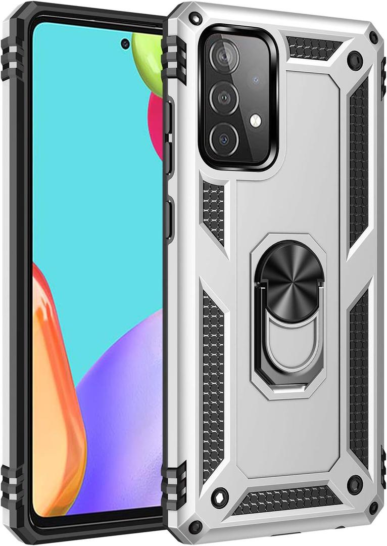 Dionsibei Military Grade Drop Impact for Samsung Galaxy A52 5G Case 360 Metal Rotating Ring Kickstand Holder Armor Heavy Duty Shockproof Cover for Galaxy A52 5G/4G Phone Case (Silver)