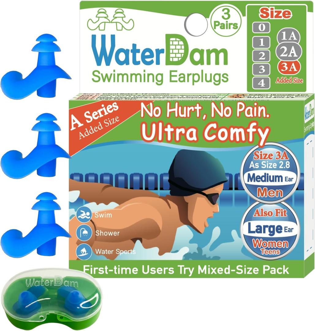 WaterDam A-Series Swimming Ear Plugs Ultra Comfy Great Waterproof Earplugs - Size 3A (Blue) Great for Narrow Ears Like Size 2.8 - Medium Ear Men & Large Ear Teens & Women
