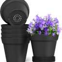 7 Inch Thick Plastic Plant Pots with Drainage Holes and Trays  6 Pack Nursery Pots for Indoor & Outdoor House Plants, Seedling Starter Planters for Garden Flowers, Matte Black