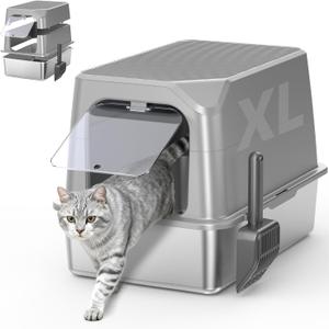 WoofiGo Enclosed Stainless Steel Cat Litter Box with Lid, XL Extra Large Litter Box for Big Cats, Metal Litter Pan High Sided, Never Absorbs Odors, Anti-Urine Leakage, Include Scoop (Light Grey)