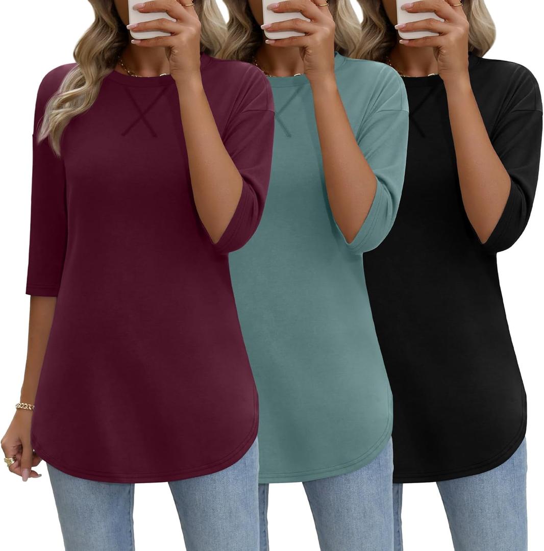 Riyiper 3 Pack Elbow Length Tee Shirts for Women 3/4 Sleeve Tunic Tops Round Neck Fall Curved Hem Leggings Blouse (S)