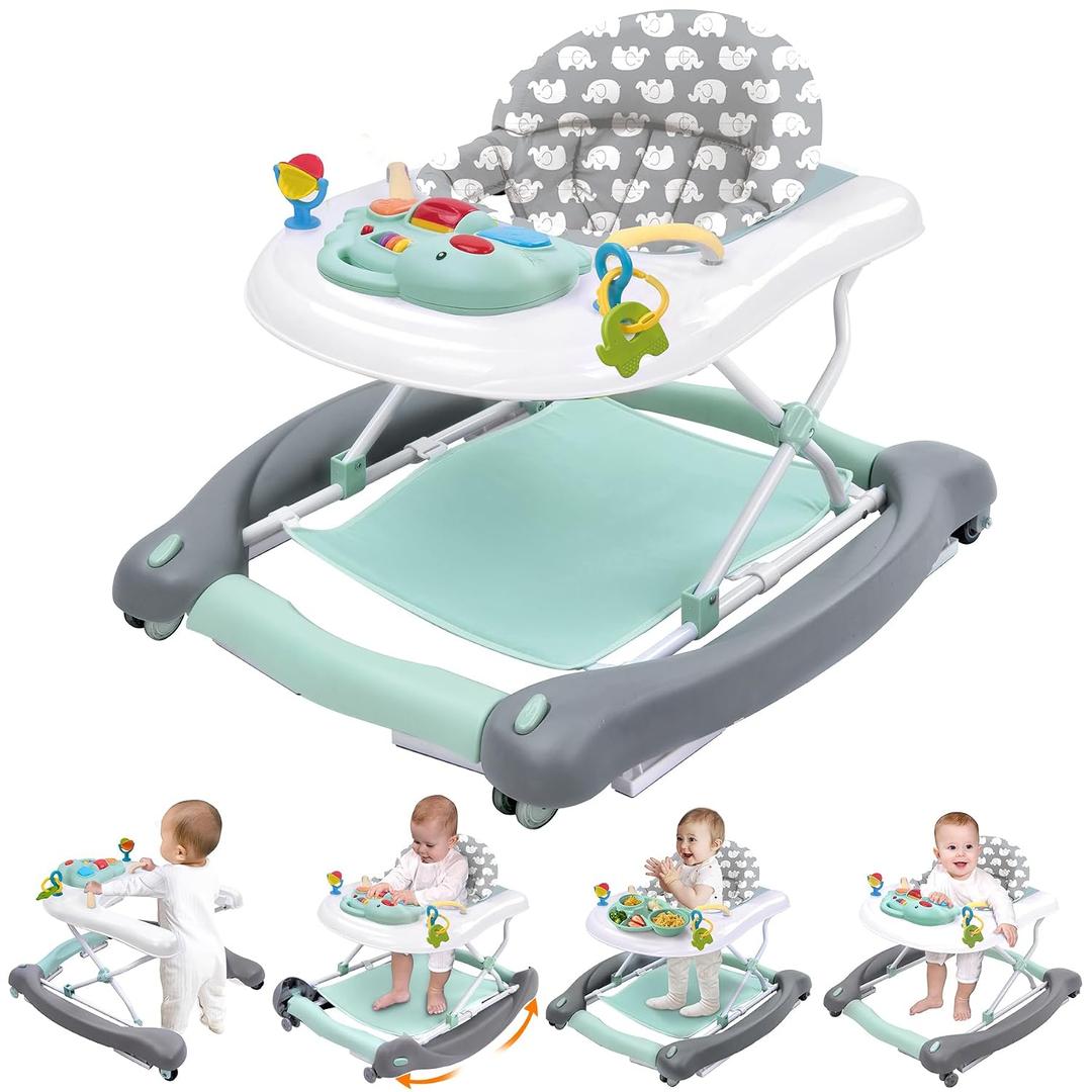 Foldable Baby 5-in-1 Activity Walker - Rocker, Activity Center, Bouncer, Seat Walker, Push Walker - Adjustable Speed Rear Wheels and Height Toys Ages 6-18 Months (Mint Green)