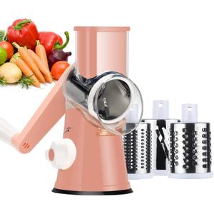 Ourokhome Rotary Cheese Grater Hand Crank, Kitchen Shredder Speed Mandolin Slicer Nuts Grinder with Handle and Drum Blades for Cheese, Vegetable, Walnuts, Chocolate, Potato, Carrot, 3 Blades, Pink