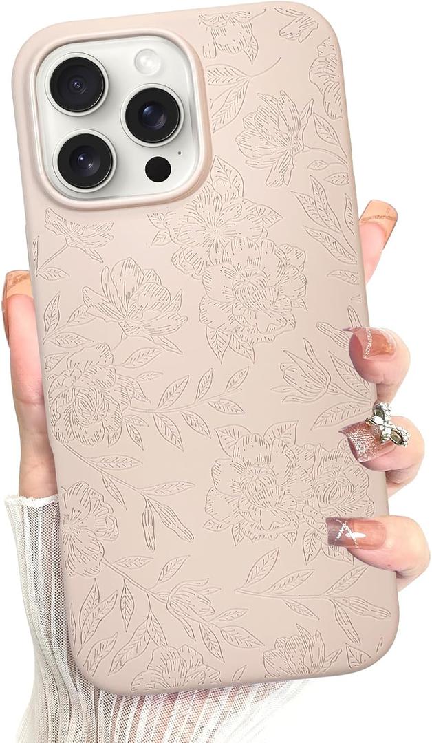 MZELQ for iPhone 16 Pro Case, Silicone Rose Floral Flower Cute Pattern, Camera Protection Soft Slim Phone Case for Girls Women -White