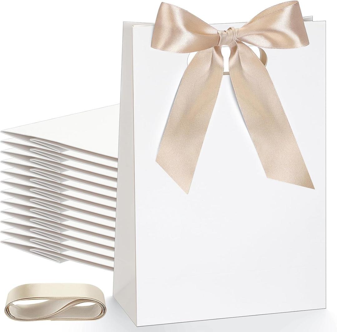 Aliceset 12 Pcs Paper Gift Bags 10 x 7 x 3.15'' Small Thank You Bridesmaid Gift Bags with Die Cut Handles for Wedding Bridal Baby Shower Graduation Birthday Party Favor(White,Champagne)
