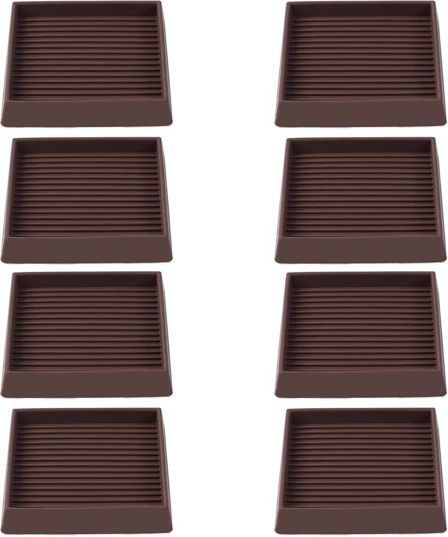 3x3 Square Rubber Furniture Caster Cups, Anti-Sliding Furniture Pads Bed Stopper Floor Protectors with Grip - Protect Any Flooring (8 Pcs Brown)