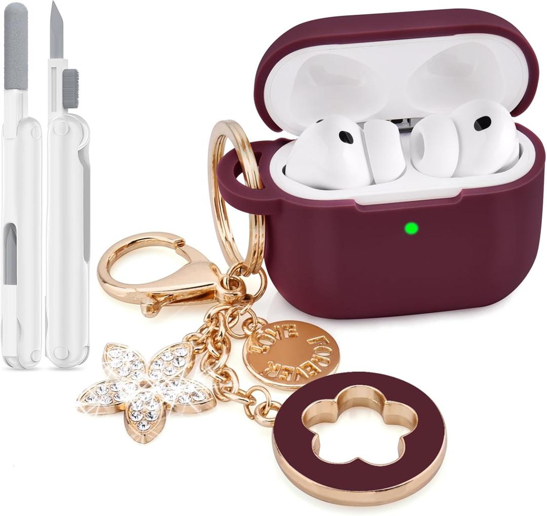VISOOM for AirPods Pro 3 Case 2025, Silicone Case for Apple Air Pods Pro 3rd Generation Cover Women, Cute iPods 3 Protective Cover with Bling Keychain & Cleaning Kit,Burdungy