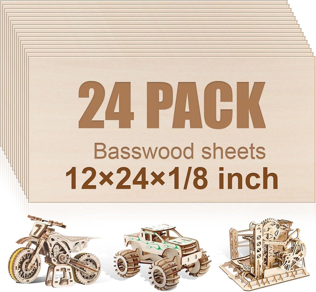 24 Pack Basswood Sheets 12"x24"x1/8", 3mm Basswood for Laser Cutting and Engraving,Thin Plywood Board Unfinished Wood for Crafts, DIY Ornaments and Architectural Model, Wood Burning.