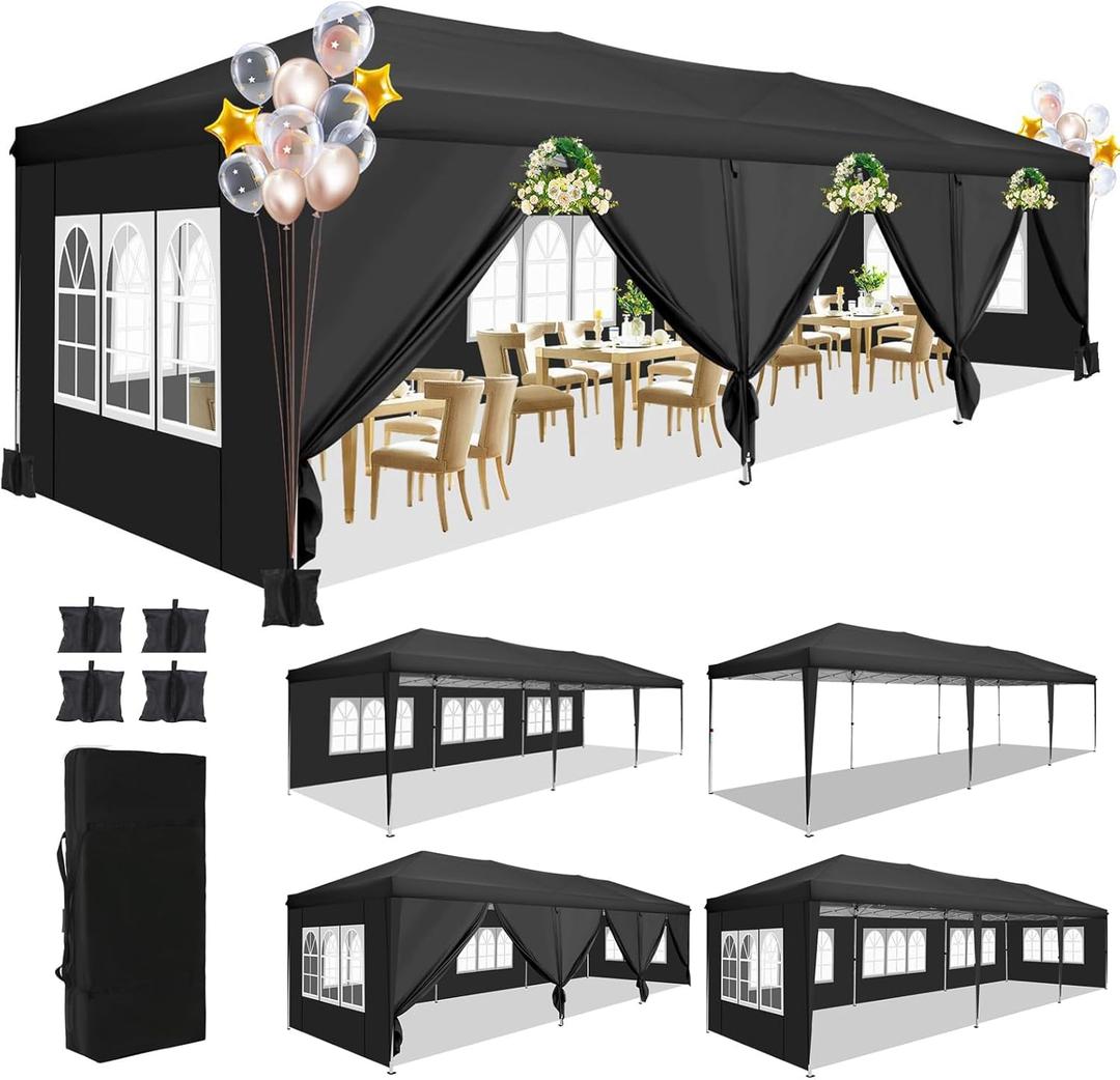 COBIZI 10x30 Pop Up Canopy Tent with 8 Sidewalls Tents for Parties Waterproof Camping Canopy Ez Up Party Tent Outdoor Portable Gazebo for Backyard Commercial Event Tent with sandbags, Black