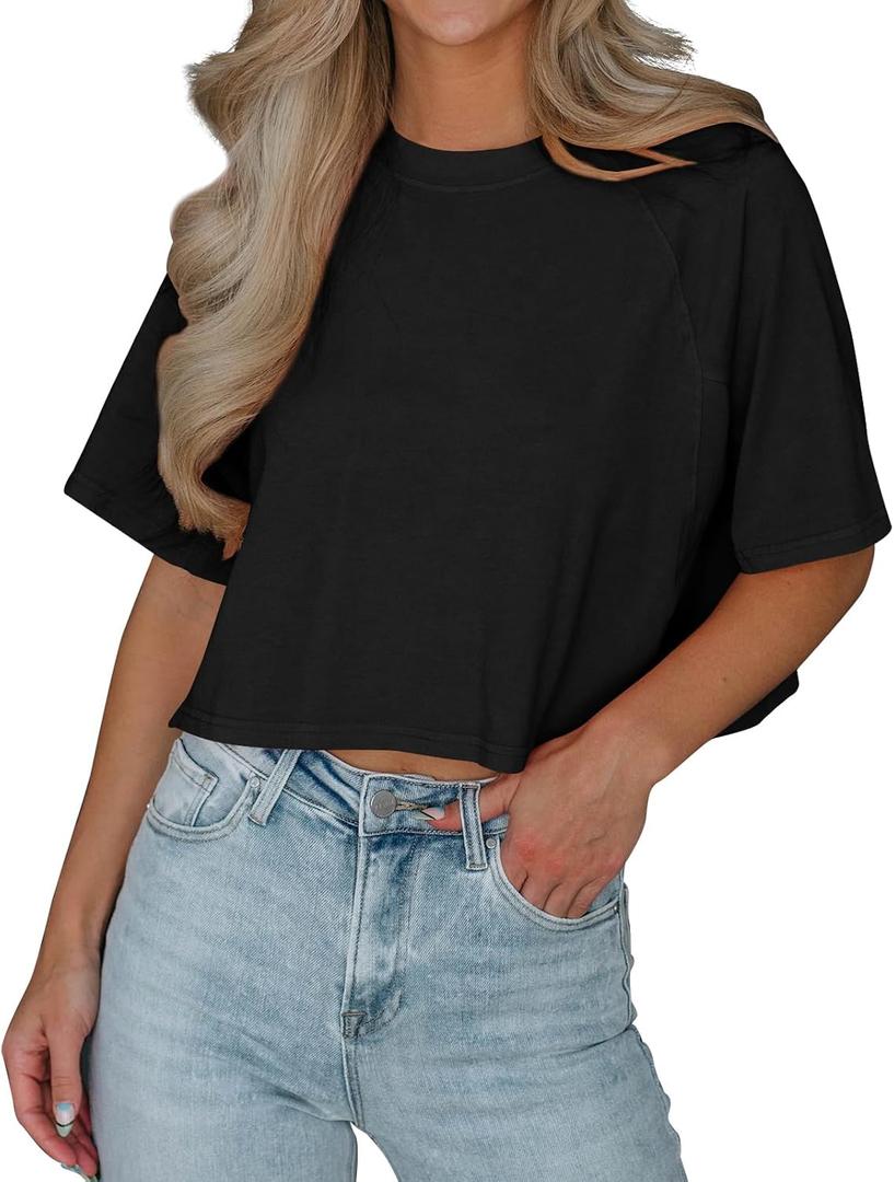 Tankaneo Womens Casual Half Sleeve Cropped T-Shirts Summer Crop Tops Solid Color Round Neck Basic Crop Tees, XL