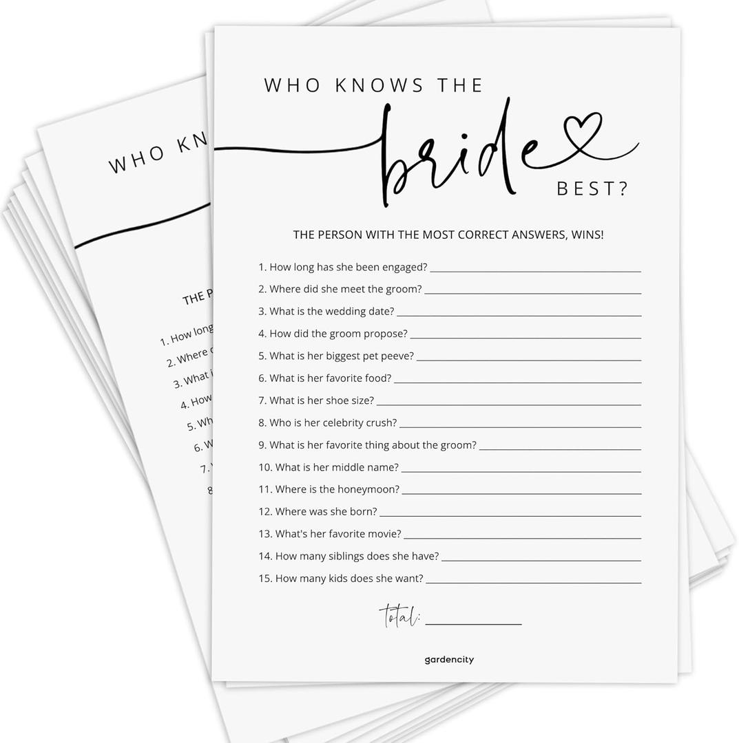 GardenCity Bridal Shower Games, Who Knows The Bride Best Bridal Shower Game for 50 Guests, Minimalist