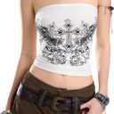 WDIRARA Women's Gothic Graphic Rhinestone Tube Top Strapless Grunge Punk Bandeau Crop Tops, Size: L
