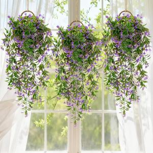 RAINFLOW 3PCS Artificial Hanging Flowers for Outdoors - UV Resistant Artificial Ivy Vines with 135 Purple Flower, Lifelike Greenery Fake Flowers for Shelf Door Wall Room Wedding Party DIY Decoration