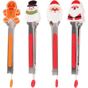 BESTonZON 4pcs Christmas Stainless Steel Food Tongs, Mini Tong Santa Snowman Gingerbread Man Style with Silicone Tips for Xmas Party