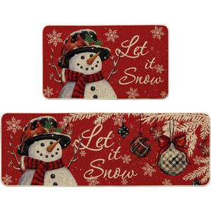 Artoid Mode Snowman Let It Snow Snowflake Christmas Kitchen Mats Set of 2, Winter Home Decor Low-Profile Kitchen Rugs for Floor - 17x29 and 17x47 Inch (Red)