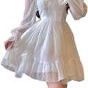 Lolita Dress White Kawaii Dress Women Chiffon Lolita Long Sleeve Mini Dresses Bow Fairy Robe Ruffles (White, M)