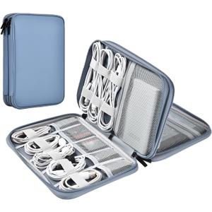 Leather Cord Organizer Travel Waterproof Travel Cable Organizer Bag Portable Tech Organizer Travel Case for Charger Electronic Accessories(Gray&Blue, Double Layer-Small)
