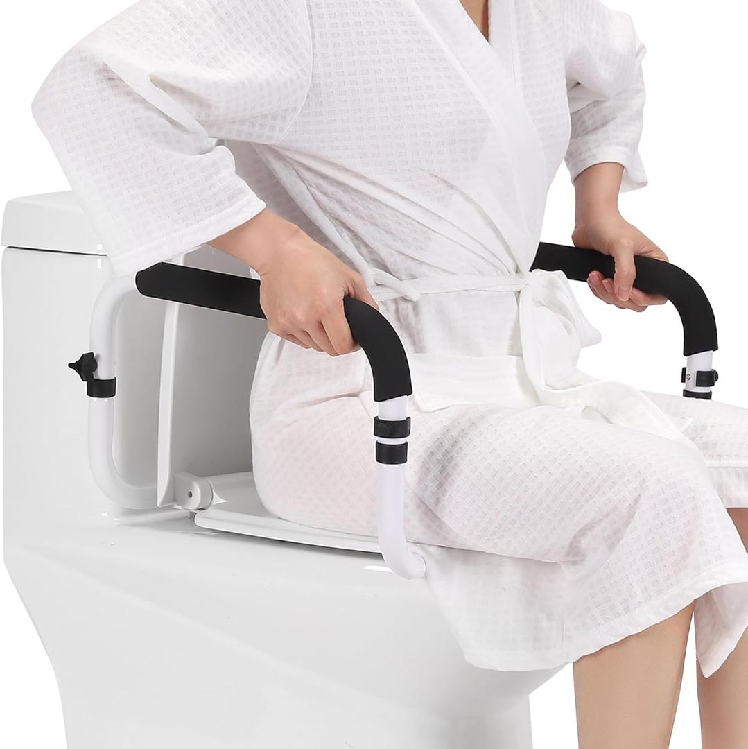 Toilet Safety Rail, Safety Frame for Toilet Seat, Toilet Grab Bar with Adjustable Width for Seniors Supports 350lbs (Black and White)