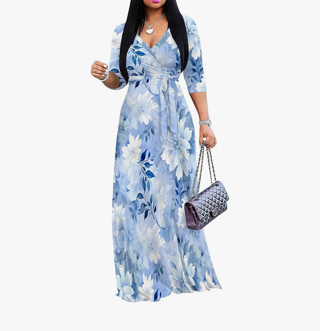 PinkPatty Summer Trendy Dress for Women Casual 3/4 Sleeve V Neck Printing Maxi Dress Elegant Wedding Guest Sundress with Belt, Size: Medium
