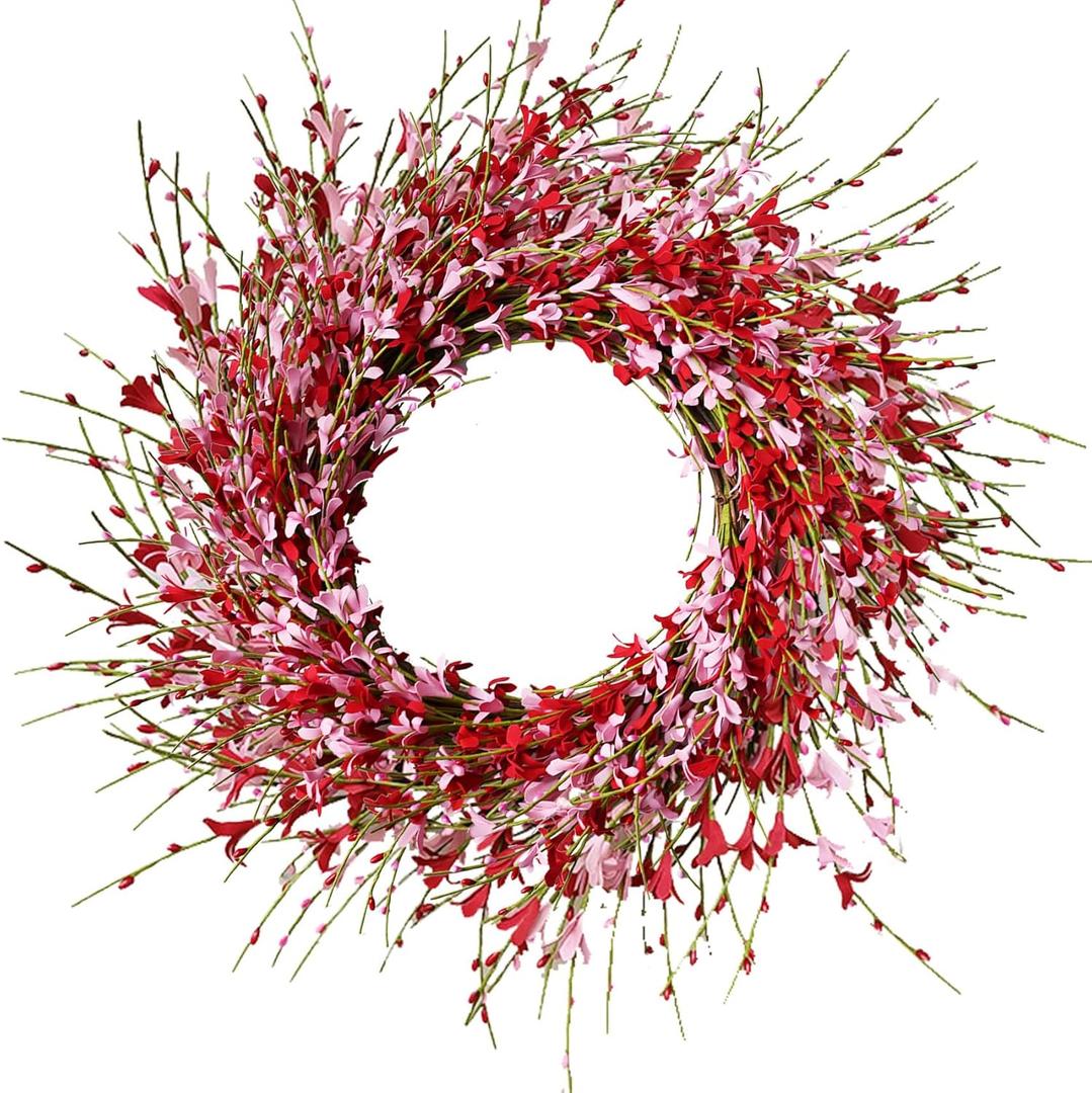 18In Artificial Pink Forsythia Wreath, Valentine's Day Front Door Wreath, Forsythia Flower Wreath for Front Door, Spring Pink Wreath for Home Wedding Window Wall Window Decor