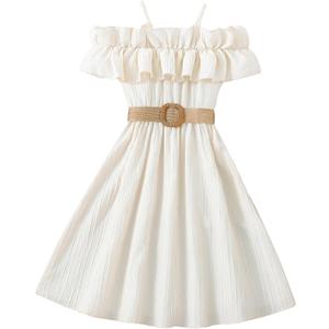 Floerns Girls Cold Shoulder Ruffle Trim Short Sleeve Belted A Line Midi Dress Apricot 11-12Y