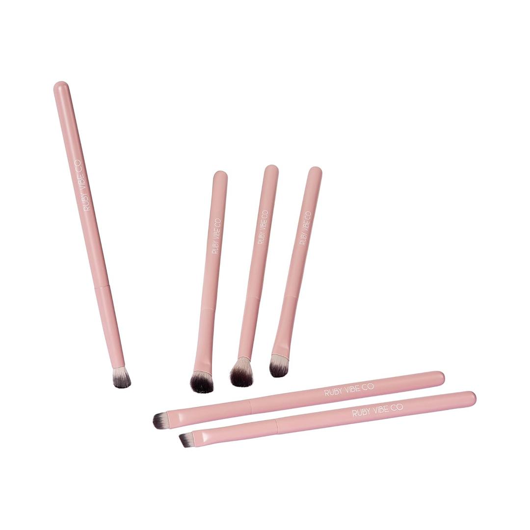 VividEye Pro Brush Set, 6-Piece Eye Makeup Brushes, Pink Wooden Handles, Premium Synthetic Bristles, for Blending, Shading, Defining, All Skin Types | RUBY VIBE CO