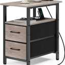 End Table with Charging Station, Narrow Side Table, 23.8'' Tall Nightstand with 2 Fabric Drawers, Small Sofa Side Table Narrow Nightstand for Small Spaces, Living Room, Bedroom, Rustic Grey
