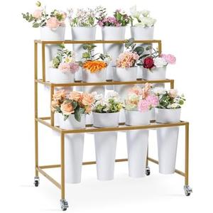 Ruifabo Flower Cart Display Stand, 3 Layers Metal Flower Bar Stand with 360° Swivel Wheels and Brake, Flower Display stand with Iron Buckets, Durable than Plastic Buckets, Flower Holder for Florist or Wedding